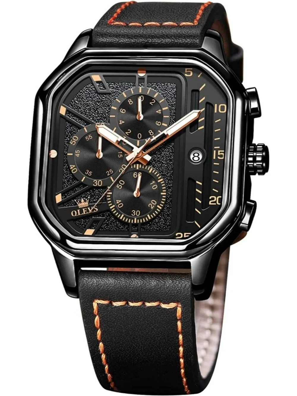 Men's Black Quartz Leather Strap Waterproof Casual Trendy Square Dial Watch